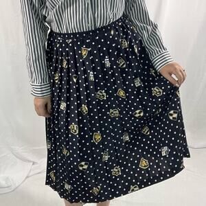 Vintage Leslie Fay Navy Polka Dot Nautical Pleated Midi Skirt